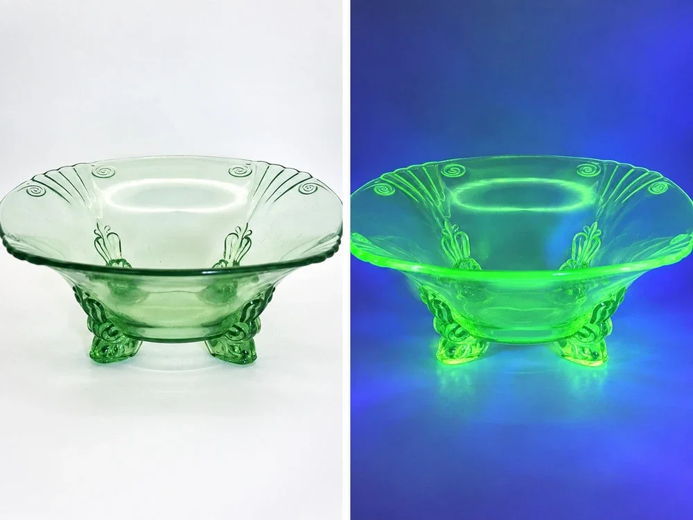 Vintage Fostoria #2470 Green Uranium Glass Four-Toed Console Bowl 11” 1930s